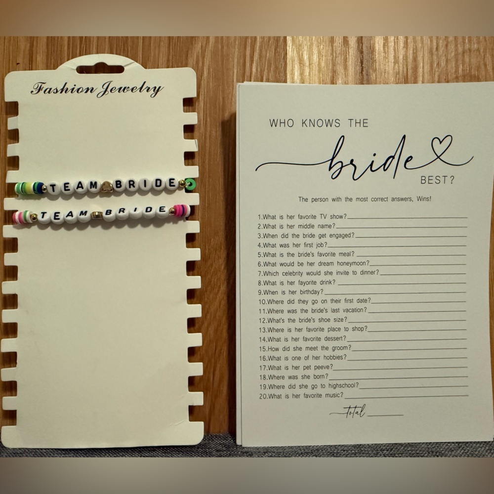 2 Fashion Jewelry Multicolor Team Bride Bracelets. And 9 bridal game cards